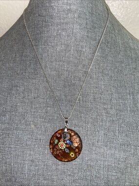 Vintage Handmade Millefiori Glass Pendant & Silver Tone Chain Necklace